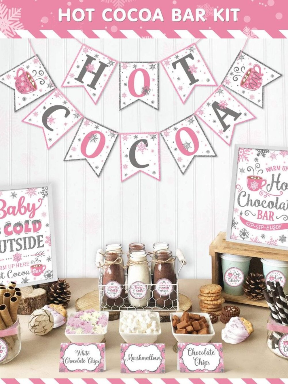 Hot Cocoa ar Kit Snowflake anner Hot Chocolate Sign Pink Silver
